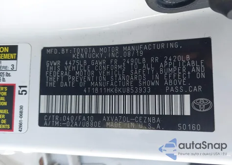 2019 Toyota Camry Le z USA, uszkodzony, nr VIN 4T1B11HK6KU853933